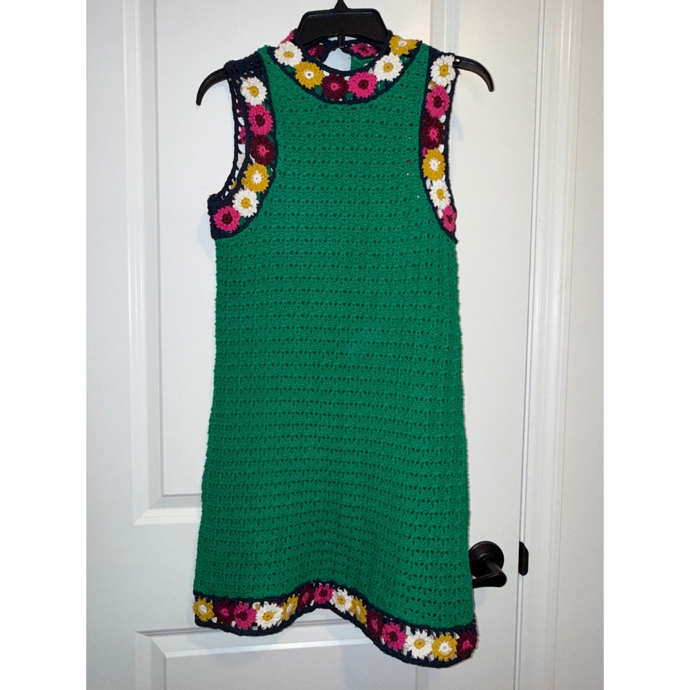 Zara Crochet Mini Dress Womens Medium Green Floral Daisy Knit Excellent Boho 70s